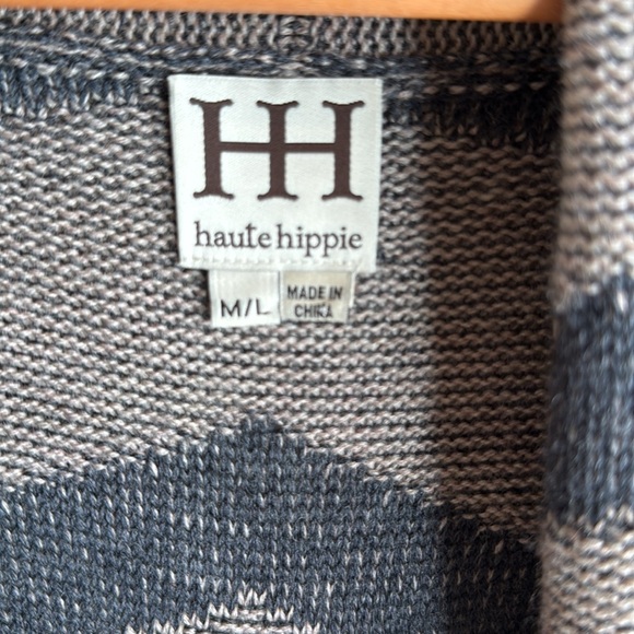 Haute Hippie Black/Brown gray/Tan Merino Wool Striped Jacquard M/L- Cardigan - Picture 3 of 6